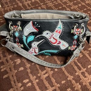 Conceal Carry Western Style Hummingbird Studded Two Handled Handbag With Pockets
